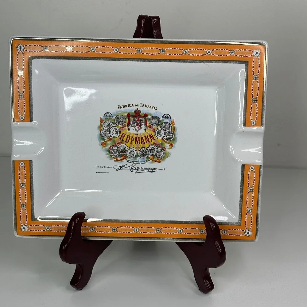 H Upmann Rectangular Porcelain Ashtray Orange Border Fabrica De Tabacos Logo